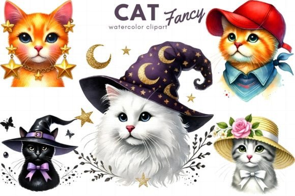 Cat Fancy Watercolor Clipart Sublimation