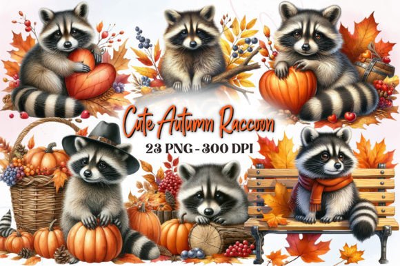 Cute Autumn Raccoon Watercolor Clipart
