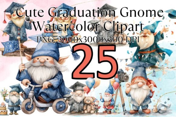 Cute Graduation Gnome Watercolor Clipart for Celebratory Design