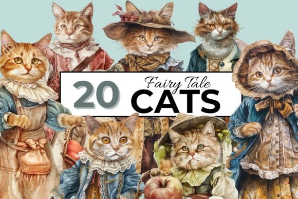 Fairy Tale Cats Watercolor Bundle for Designers
