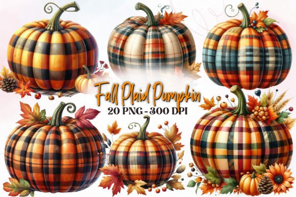 Fall Plaid Pumpkin Watercolor Clipart for Cozy Branding