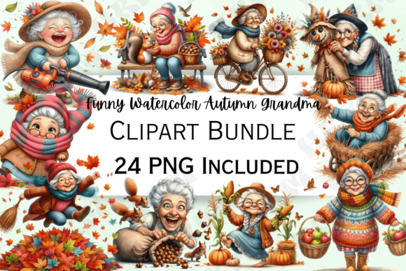 Funny Watercolor Autumn Grandma Clipart: Whimsy Meets Seasonal Design