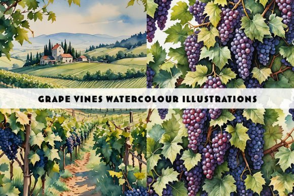 Grapes and Vineyard Watercolour Duo