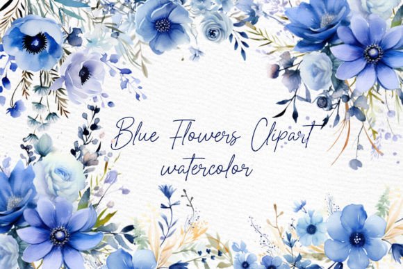 Navy Blue Flowers Clipart Watercolor for Design Projects