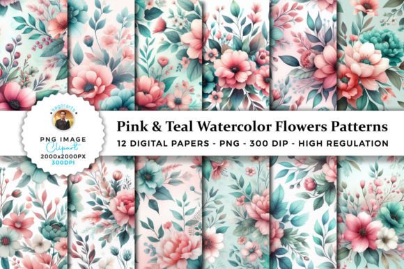 Pink Teal Watercolor Floral Patterns for Modern Design