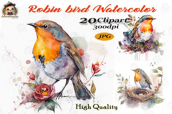 Robin Bird Watercolor Clipart Bundle Set