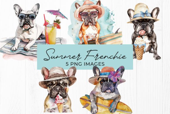 Summer Frenchie Watercolor PNG Bundle: Design Assets for Creative Projects