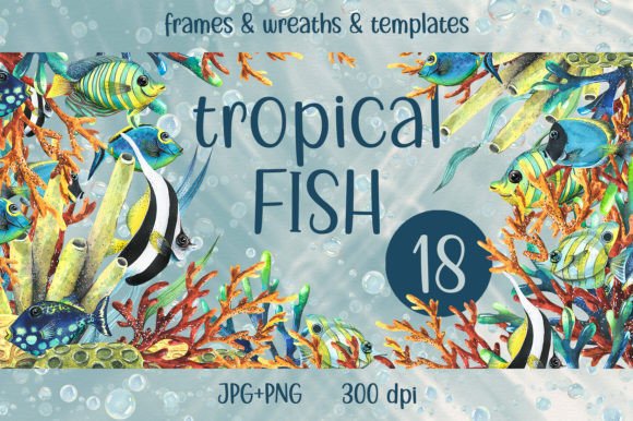 Tropical Fish Watercolor Frames and Wreaths: Creative Design Assets