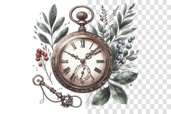 Vintage Pocket Watch Watercolor Clipart