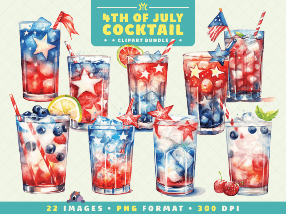 Watercolor 4th of July Cocktail Clipart
