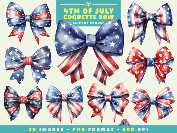 Watercolor 4th of July Coquette Bow PNG for Modern Branding
