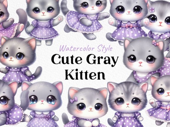 Watercolor Adorable Gray Kitten Clipart