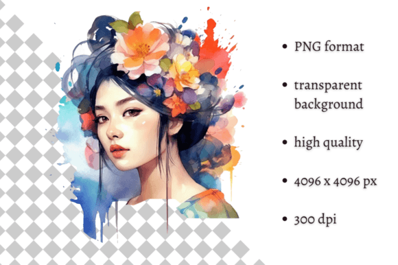 Watercolor Asian Floral Girl Clipart