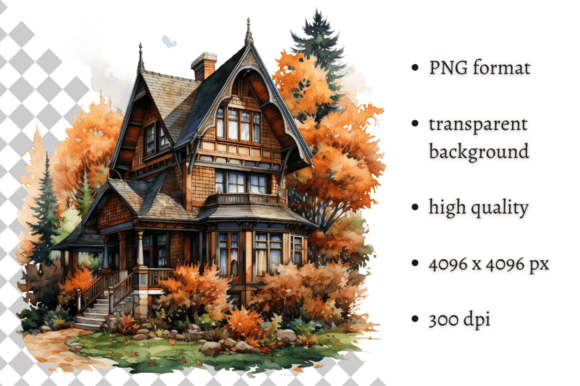 Watercolor Autumn Cottage House Clipart