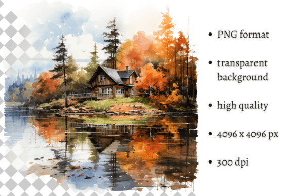 Watercolor Autumn Lake Cabin Clipart for Cozy Branding