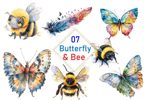 Watercolor Butterflies and Bees Clipart for Designers and Creators
