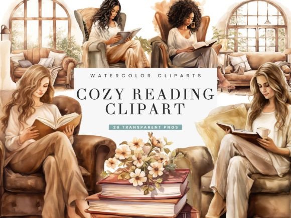 Watercolor Cozy Reading Clipart Bundle