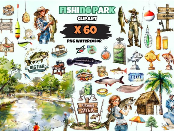 Watercolor Fishing Clipart: Tournament Design Assets for Creative Pros