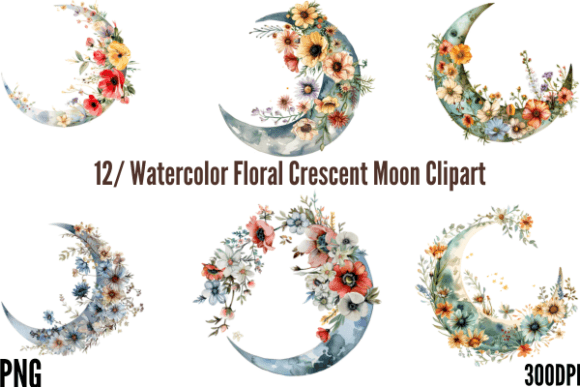 Watercolor Floral Crescent Moon Clipart for Design Projects