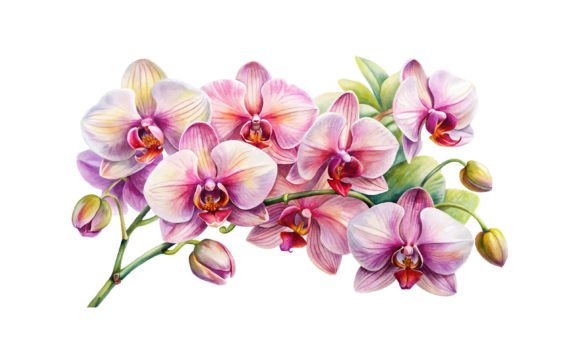Watercolor Flowers of Orchid on White