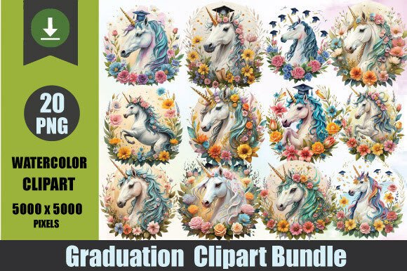 Watercolor Graduation Unicorn Clipart for Creative Projects