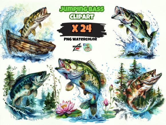 Watercolor Jumping Bass Clipart Bundle