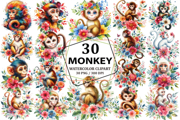 Watercolor Monkey Sublimation Clipart