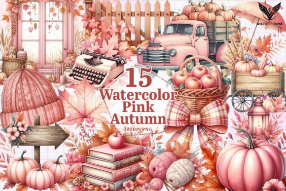 Watercolor Pink Autumn Clipart PNG: Soft Seasonal Visuals