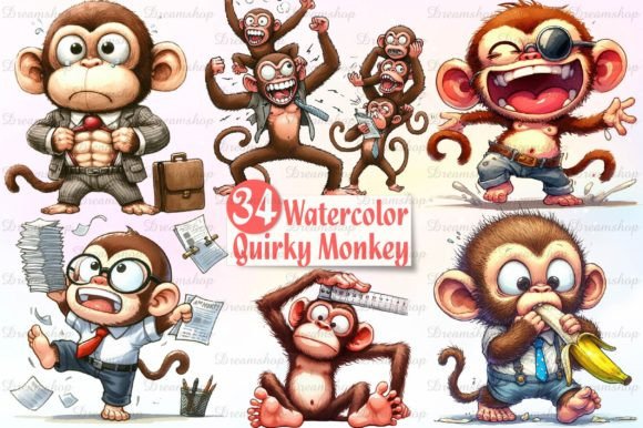 Watercolor Quirky Monkey Clipart