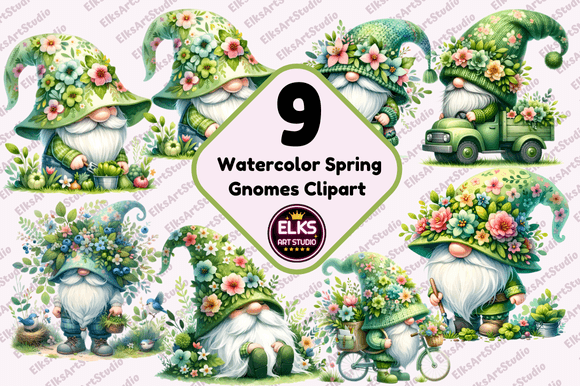 Watercolor Spring Gnomes Clipart for Design and Branding