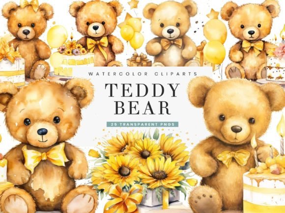 Watercolor Teddy Bear Clipart Bundle for Creative Projects