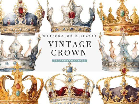 Watercolor Vintage Crown Clipart Bundle