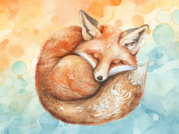 Watercolour Curled Up Fox PNG Graphic